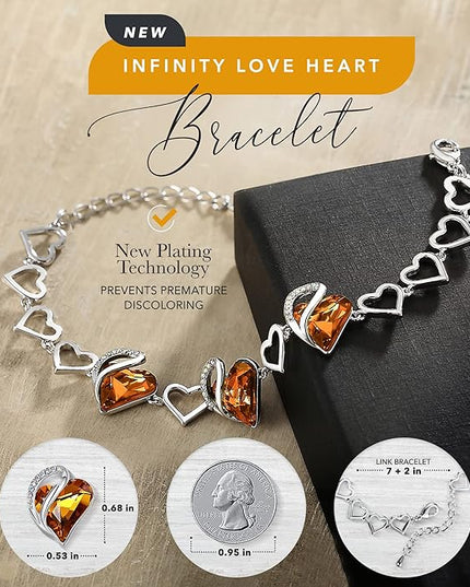 Leafael Infinity Love Heart Link Bracelets, Birthstone or Healing Stone Crystal Bracelet for Women, Silver Tone Jewelry Gifts for Her, 7-inch Chain and 2-inch Extender