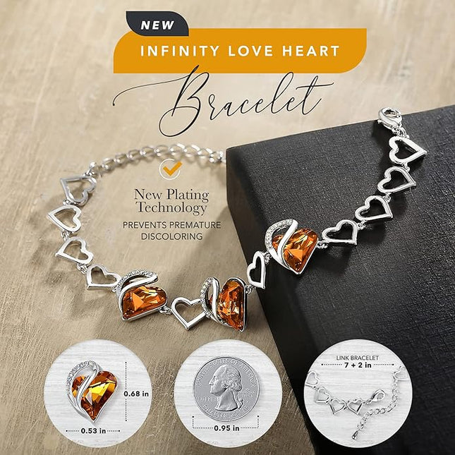 Leafael Infinity Love Heart Link Bracelets, Birthstone or Healing Stone Crystal Bracelet for Women, Silver Tone Jewelry Gifts for Her, 7-inch Chain and 2-inch Extender