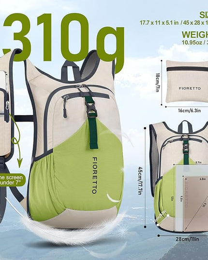FIORETTO 15L Hiking Backpack for Women Men Mini Packable Backpack Lightweight Small Daypack for Camping Travel Outdoor, Beige and Green
