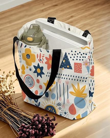 Large Tote Bag for Women, Floral Grocery Tote with Snap Thick Canvas Both Side Pattern, Gift Daily Use Shopping Travel Picnic