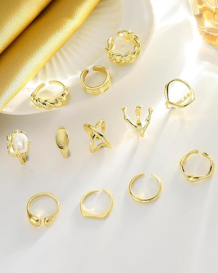 Chunky 14K Gold Plated Stackable Rings Set for Women,Vintage Knuckle Rings Dainty Hollow Carved Joint Finger Midi Rings Pack Adjustable Signet Mixed Size