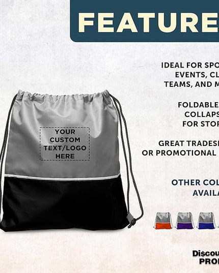 DISCOUNT PROMOS Custom Easy Go Drawstring Backpack Set of 10/50/100, Personalized Bulk Pack - Great for Travelling, Gym and for Everyday Use - Black