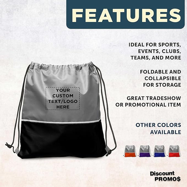 DISCOUNT PROMOS Custom Easy Go Drawstring Backpack Set of 10/50/100, Personalized Bulk Pack - Great for Travelling, Gym and for Everyday Use - Black