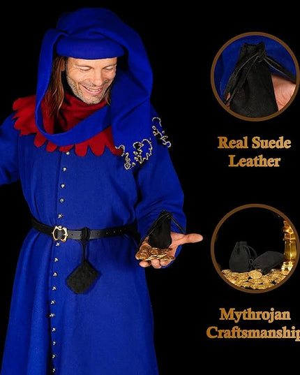 Mythrojan Small Trinket Pouches Set of 2, Suede Leather Drawstring Coin & Dice Bags for LARP, SCA, Viking & Medieval Events Color : Black