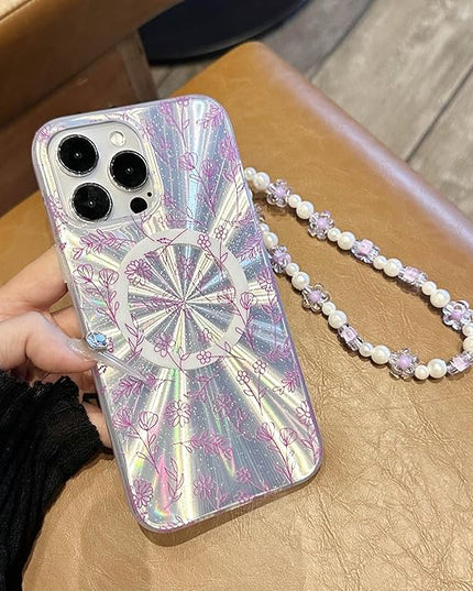 Compatible with iPhone 15 Pro Cases,Cute Flower Phone case with Floral Pearl Chain,Compatible MagSafe Silicone Shockproof Phone case for Women and Teenage Girls.