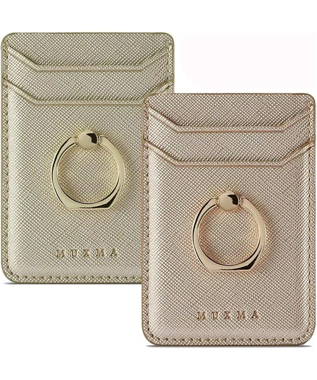 BIAJIYA Phone Card Holder RFID Leather Wallet Credit Adhesive Cell Case Stick-on Card Holder for Women and Men Back of Phone for Most of Smartphones (Rose/Gold)