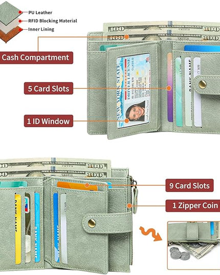 FALAN MULE Small Wallet for Women Leather RFID Blocking Bifold Credit Card Holder with Zipper Coin Pocket