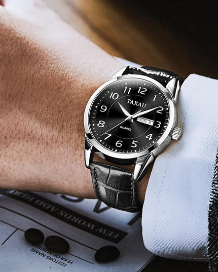 Mens Leather Watch Large Face Classic Quartz Mens Analog Watches Luxury Dress Watches for Men Waterproof Men's Wrist Watch Easy Read with Date Number Dial Relojes para Hombre