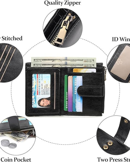 GAEKEAO Womens Wallet Small Leather RFID Blocking Bifold Zipper Pocket Wallet Card Case Purse with ID Window