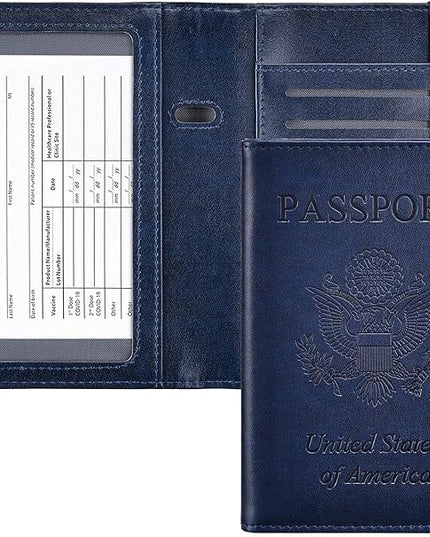 HerriaT Passport and Vaccine Card Holder Combo,Cover Case with CDC Vaccination Card Slot, Leather Travel Documents Organizer Protector, with RFID Blocking, for Women and Men