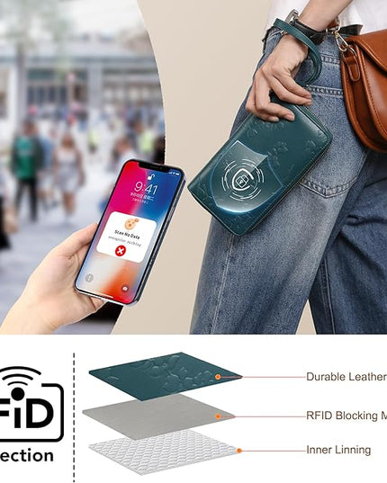 yiijay Womens Wallet RFID Blocking Large Capacity Leather Double Zip Wristlet Wallet Credit Card Phone Passport Holder for Travel Ladies Clutch Purse