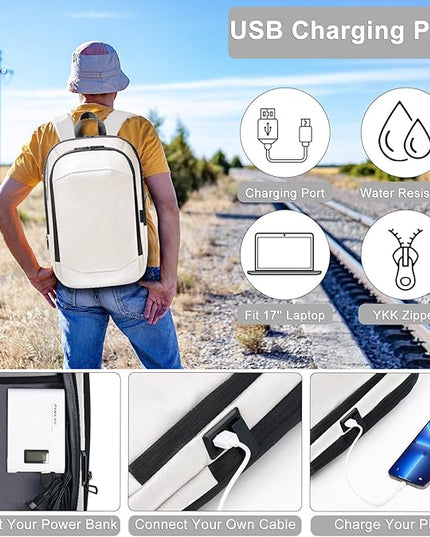 hk Business Backpack for Men 17 Inch,Slim & Expandable Waterproof Travel Laptop Backpack with USB Charger Port (White)