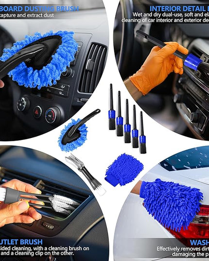 32Pcs Car Detailing Kit, Drill Brush Attachments with Detailing Brush Set and Tools Box, Blue Auto Cleaning Kit Interior for Dashboard, Wheels, Windows (C：32PCS-B)