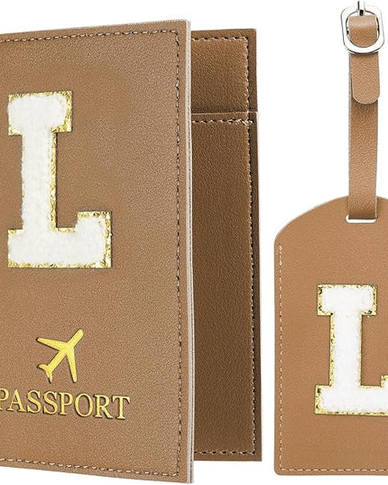 PATIKIL Passport Holder for Travel, Initial Passport Cover and Luggage Tag Set with Alphabet Chenille Letter Patch Travel Wallet Bag Suitcase Identifier for Women Family Travel Brown L