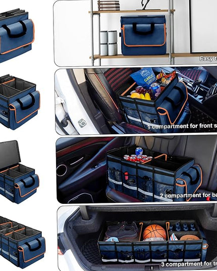 Car Trunk Organizer and Storage with Removable Leakproof Cooler Bag, 6 Removable Dividers for Custom Space, Collapsible Trunk Storage with Non Slip Bottom, Foldable Cover for SUV, Jeep, MPVs