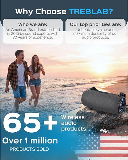 TREBLAB HD-Max Portable Bluetooth Speaker, 60W Loud Stereo Sound with Deep Bass, IPX7 Waterproof Outdoor Speaker, 20H Playtime, Powerbank, RGB Party Lights