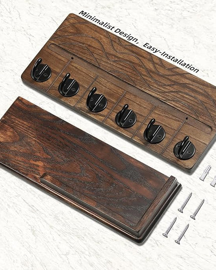 Qriosidy Key Holder Wall Decor-11.8" Solid Ash Wood Entryway Organizer with 6 Hooks & Extra Deep Storage Rack for Key, Mail, Wallet, Leash, Glasses, Hand-Polished & Stained, Easy-Assembly