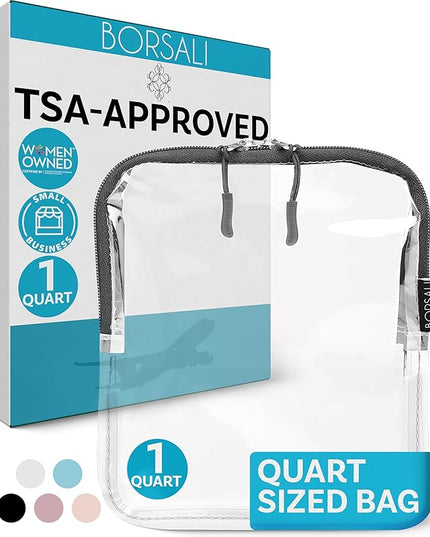 BORSALI TSA Approved Toiletry Bag - Clear Quart Size for 3-1-1 LIquids for Carry On Travel - Toiletries Organizer - Cosmetic Pouch with Zipper - Travel Accessories - Gray