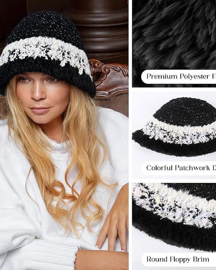 YI HENG MEI Women Knit Bucket Hat, Fluffy Winter Fisherman Hat Fuzzy Soft Warm Beanie Caps Women Cloche Caps Warm Bowler Hats