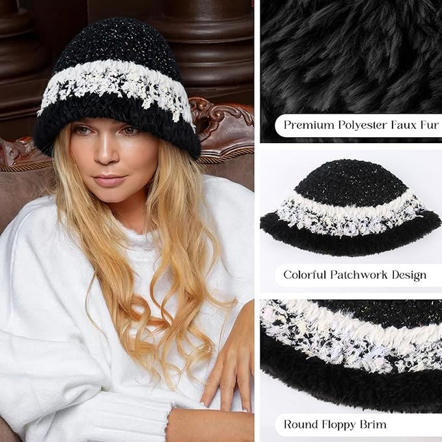 YI HENG MEI Women Knit Bucket Hat, Fluffy Winter Fisherman Hat Fuzzy Soft Warm Beanie Caps Women Cloche Caps Warm Bowler Hats