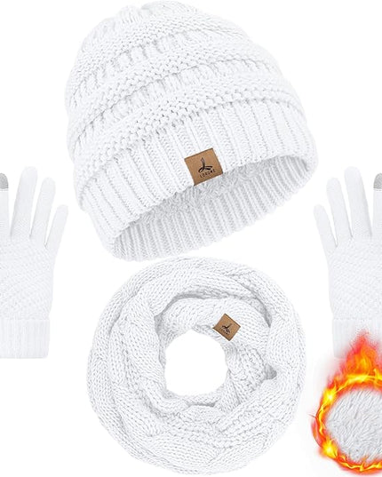 Winter Beanie Hat Scarf Gloves, Warm Fleece Knit Hats Touch Screen Gloves Neck Scarf Set Winter Gifts for Unisex Adult