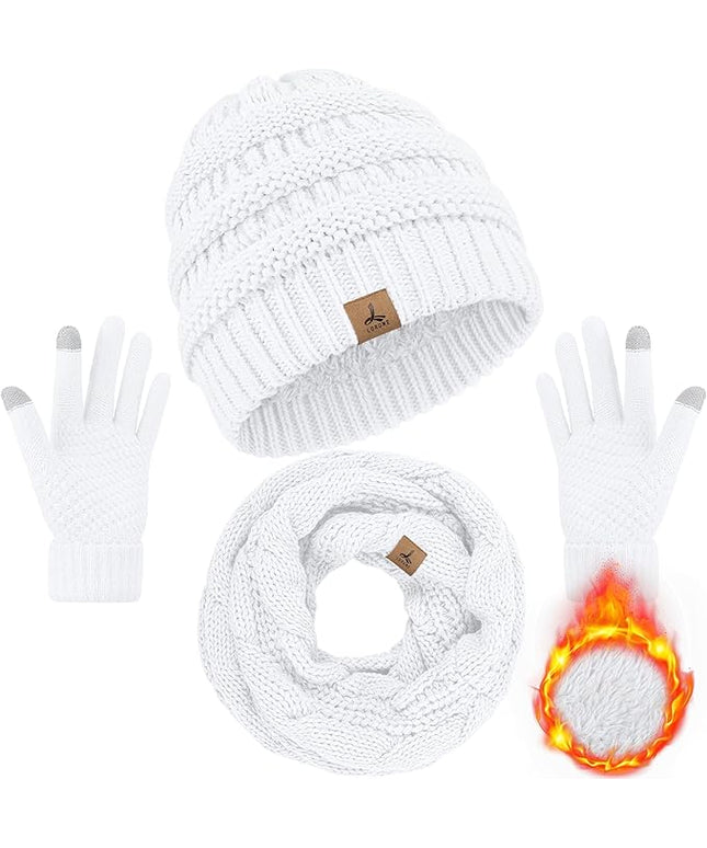 Winter Beanie Hat Scarf Gloves, Warm Fleece Knit Hats Touch Screen Gloves Neck Scarf Set Winter Gifts for Unisex Adult