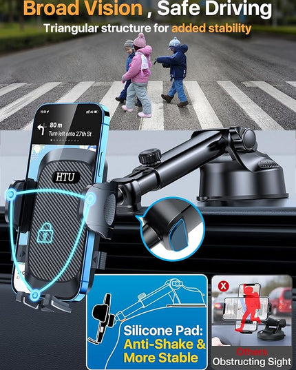 HTU 2026 Upgraded [True Military-Grade] Car Phone Holder【Safety Certs & No Smell】 Cell Phone Holder for Car Mount for Dashboard Windshield Air Vent Long Arm Thick Case,Black