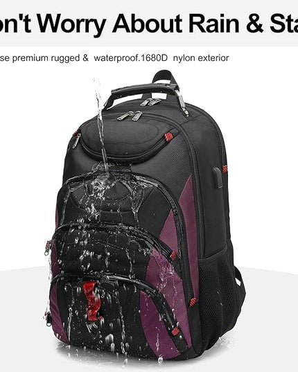 Boavan Laptop Backpack for men, 17.3 inch Laptop Bag with USB Port, Waterproof Travel Work Backpack Purse, Anti-Theft Teacher Nurse Doctor Casual Bookbags Office Business backpack，Black& Purple