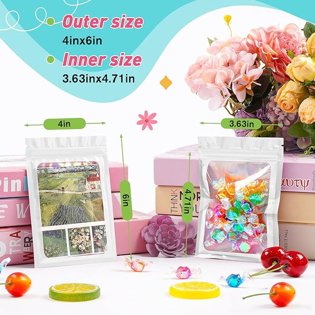 Funfery 300 Pack Smell Proof Resealable Bags for Food Storage,Holographic Bags 4x6 White Mylar Clear Packaging Bag- Scent Proof for Cookies, Zip Foil Pouch for Small Business