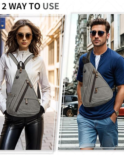 Vintage Canvas Sling Bag with Genuine Leather Zipper, 3 in 1 Crossbody, Backpack, and Chest Bag, for Travel, Hiking, 16x10x6 Inches, Gray