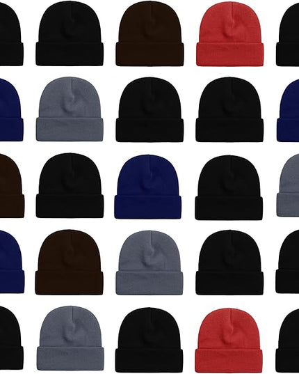 25 Pack Winter Beanie Hats, Unisex Thermal Toboggan Cold Weather Cuffed Caps Bulk Bundle