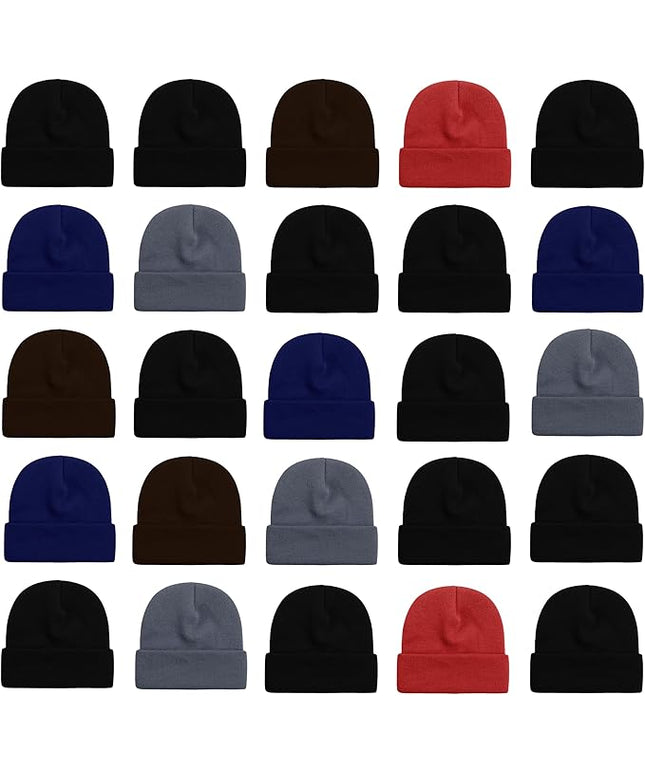 25 Pack Winter Beanie Hats, Unisex Thermal Toboggan Cold Weather Cuffed Caps Bulk Bundle