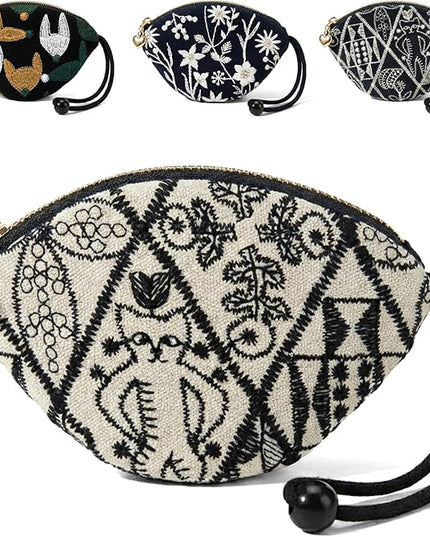 Embroidered Small Coin Purse for Women Girl,Vintage Cute Wallet Zipper Pouch,Handmade Aesthetic Oval Change Purse for Coins,Air-Tag,Small Jewelry Key with Pull-Out Key Ring