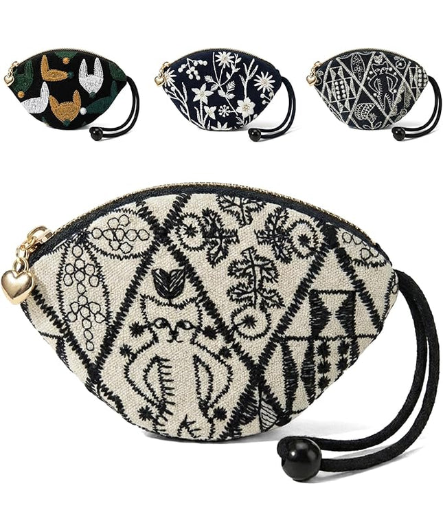 Embroidered Small Coin Purse for Women Girl,Vintage Cute Wallet Zipper Pouch,Handmade Aesthetic Oval Change Purse for Coins,Air-Tag,Small Jewelry Key with Pull-Out Key Ring