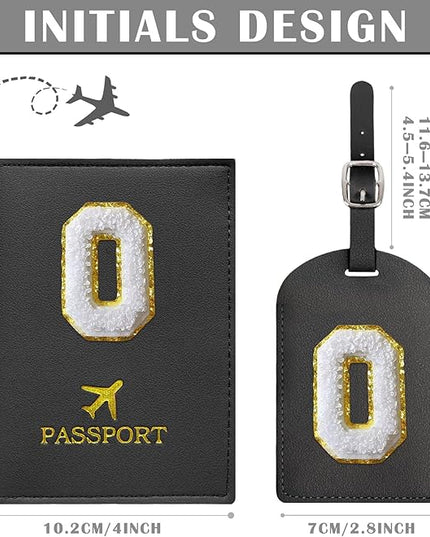COSHAYSOO Black Passport Cover and Luggage Tag Set TSA Approved with Her Initial Chenille Letter Patch, Trendy Traveling Bag Backpack Suitcase Identifier Christmas Gifts for Women Girls (O)
