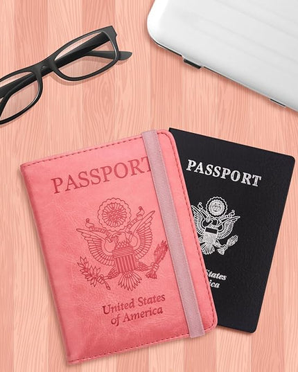 WALNEW Passport Holder for Travel, RFID Passport Cover Wallet for Women Men, PU Leather Passport Book Card Holder Case with Pen, Travelling Essentials for Flying