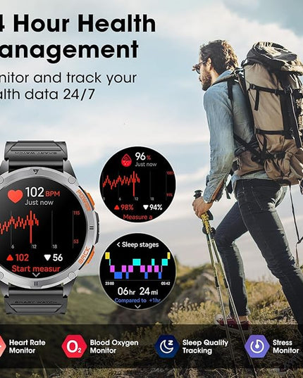Military Smart Watches for Men with GPS, 1.43" AMOLED Bluetooth Call Smartwatch with LED Flashlight, Smart Watch for Android iOS, IP68 Waterproof Fitness Tracker with Heart Rate (Black)