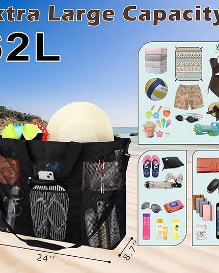 Mesh Beach Bag, Large Beach Tote with Zipper Pocket, Toys Pool Bag for Family Travel Vacation Cruise Essentials