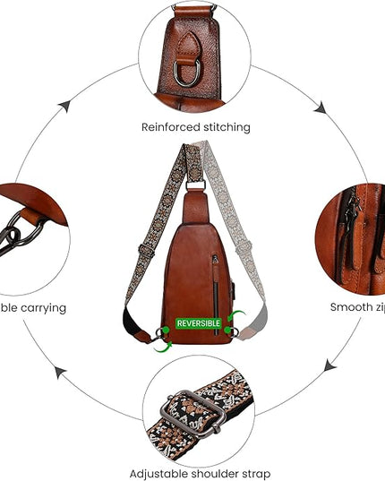 HESHE Leather Sling Bag for Women Crossbody Bags with Multi-Pocket Stylish Fanny Packs for Travel Chest Bag