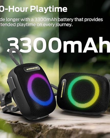 Monster S300 Bluetooth Shower Speaker, IPX7 Waterproof Wireless Portable Bike Speaker with RGB Lights, 10H Playtime, Powerful Sound, BT6.0, Bike Accessories, TWS, for Outdoors/Travel/Home, Black