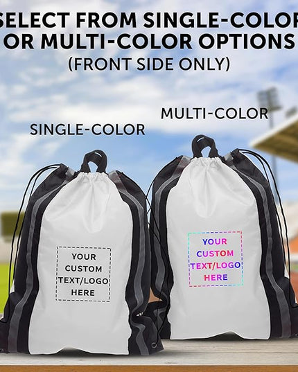 DISCOUNT PROMOS Custom Classic Polyester Drawstring Backpack Set of 10/50/100, Personalized Bulk Pack - Great for Travelling, Gym and for Everyday Use - White