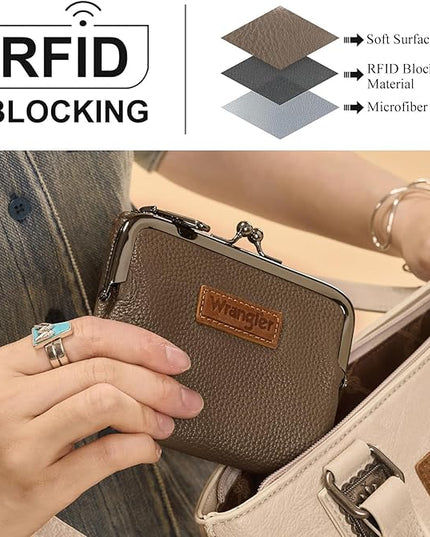Montana West Wrangler Women's Wallet RFID Blocking Wallets Small Bifold Credit Card Holder with Kiss Clasp Coffee