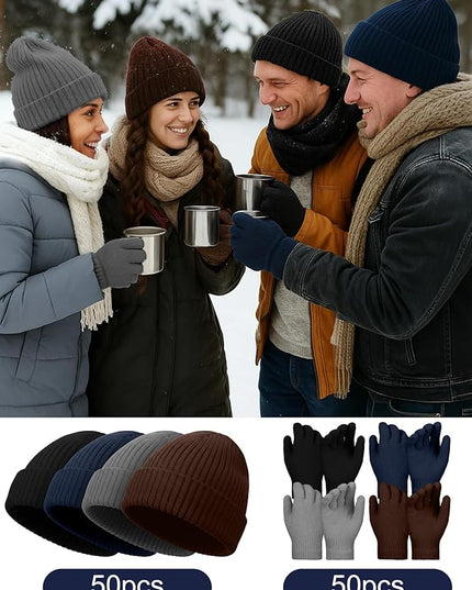 Chicingyou Winter Hats and Gloves Beanies Set Bulk Adults Women Men Unisex Knit Beanie Thermal Gloves for Homeless Gifts