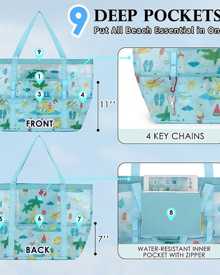 Mesh Beach Bag, Large Beach Tote with Zipper Pocket, Toys Pool Bag for Family Travel Vacation Cruise Essentials