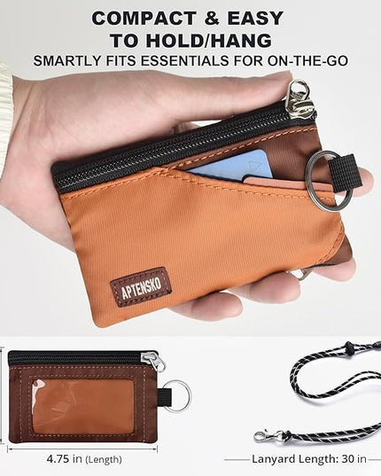 RFID Travel Wallet with Adjustable Lanyard-Zipper Small Wallet with ID Card Holder, Keychain for women&men-Minimalist Slim Waterproof Nylon case for ID, Cash, Key (Rust+Coffee)