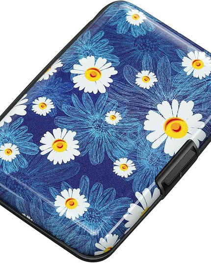 ELFISH Mini RFID Aluminum Wallet Credit Cards Holder Business Card Case Metal ID Case for Men Women(White Flower)