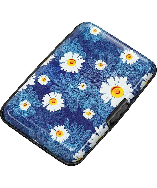 ELFISH Mini RFID Aluminum Wallet Credit Cards Holder Business Card Case Metal ID Case for Men Women(White Flower)