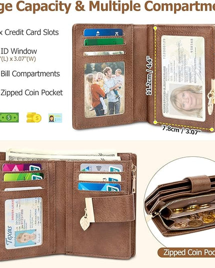 HUANLANG Small Wallets for Women Rfid Blocking Leather Bifold Credit Card Holder Ladies Wallet Zipper Pocket with ID Window