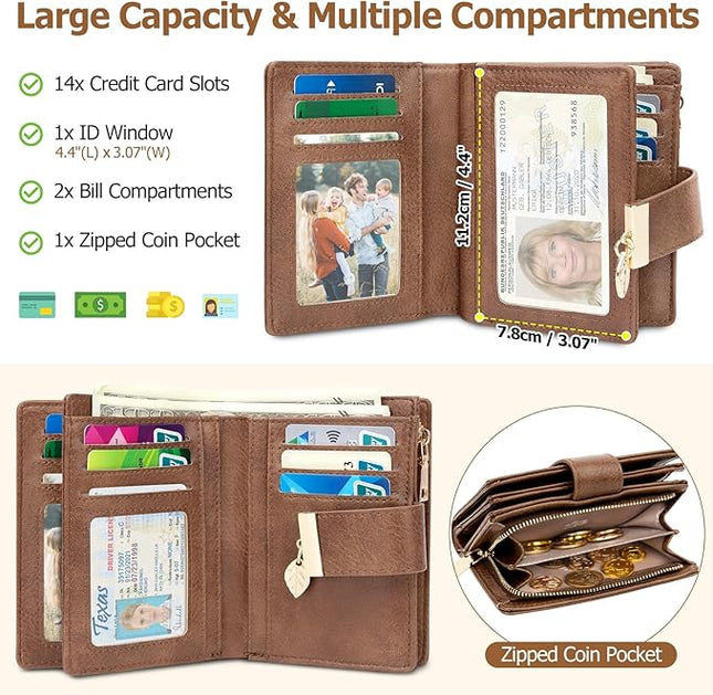 HUANLANG Small Wallets for Women Rfid Blocking Leather Bifold Credit Card Holder Ladies Wallet Zipper Pocket with ID Window