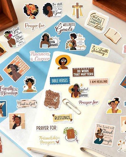 Prayer Board Stickers Supplies - 50 Pcs Black Women Prayer Vision Board Stickers for Women Girls, Motivational Water Bottle Sticker, Waterproof Vinyl Scrapbook Decals for Laptop Journaling